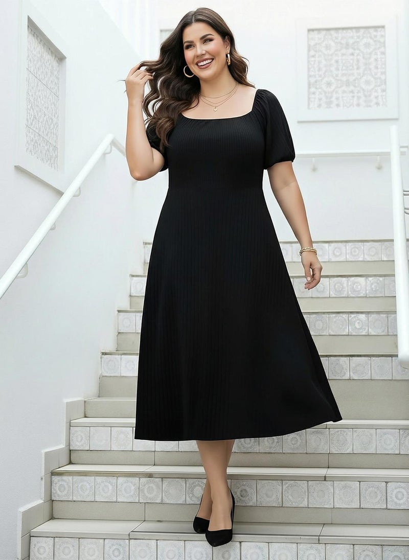 Globus Gloplus Women Black Square Neck Puff Sleeves Self Design Smocked Plus Size Fit & Flare Midi Dress - Image 1